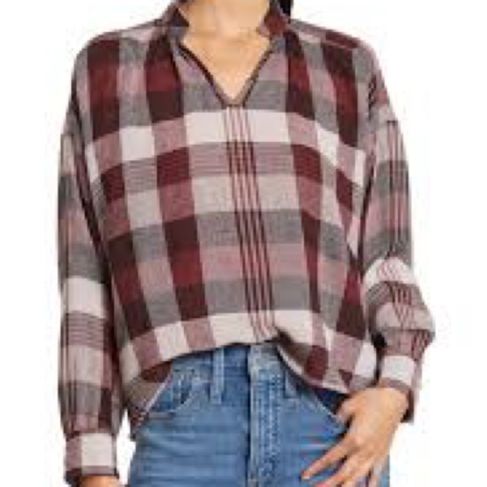 Madewell Burgundy & Pink Checkered Top – Women’s Vintage-Style Blouse | Size XXS